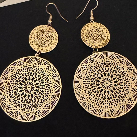 DOUBLE DREAMCATCHER DISC DROP EARRINGS GOLD TONE STUNNING - Picture 2 of 10